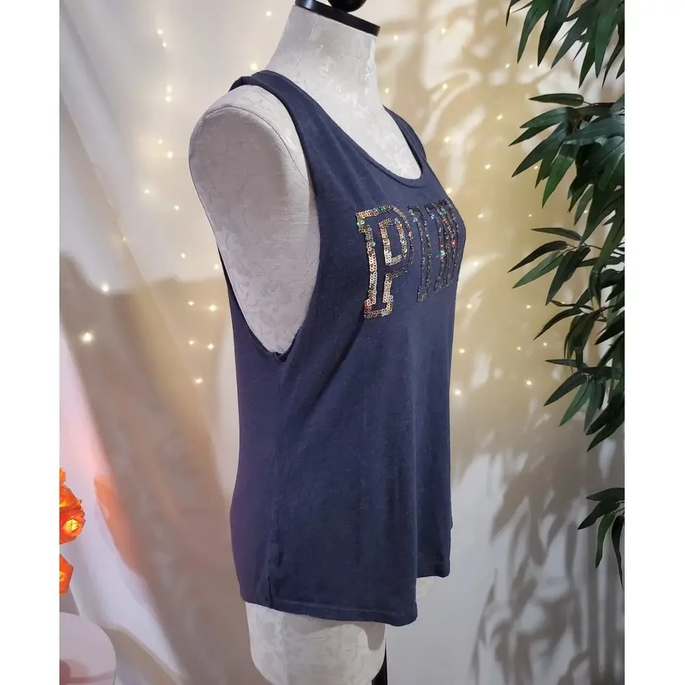 PINK Victoria's Secret Bling Spellout Muscle Tank Top Womens Size S Blue Y2K - Picture 4 of 10
